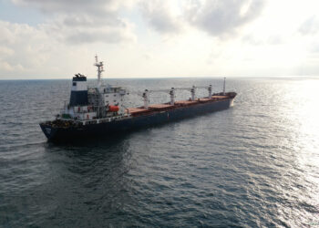 The Sierra Leone-flagged cargo ship Razoni, carrying Ukrainian grain, is seen in the Black Sea off Kilyos, near Istanbul, Turkey August 3, 2022. REUTERS/Mehmet Emin Caliskan