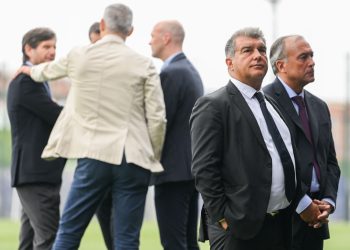 SANT JOAN DESPI, SPAIN - JULY 06: FC Barcelona President Joan Laporta and FC Barcelona Vice-President Rafael Yuste (R) look on prior to FC Barcelona new signing player Franck Kessie unveiling at Ciutat Esportiva Joan Gamper on July 06, 2022 in Sant Joan Despi, Spain. (Photo by David Ramos/Getty Images)