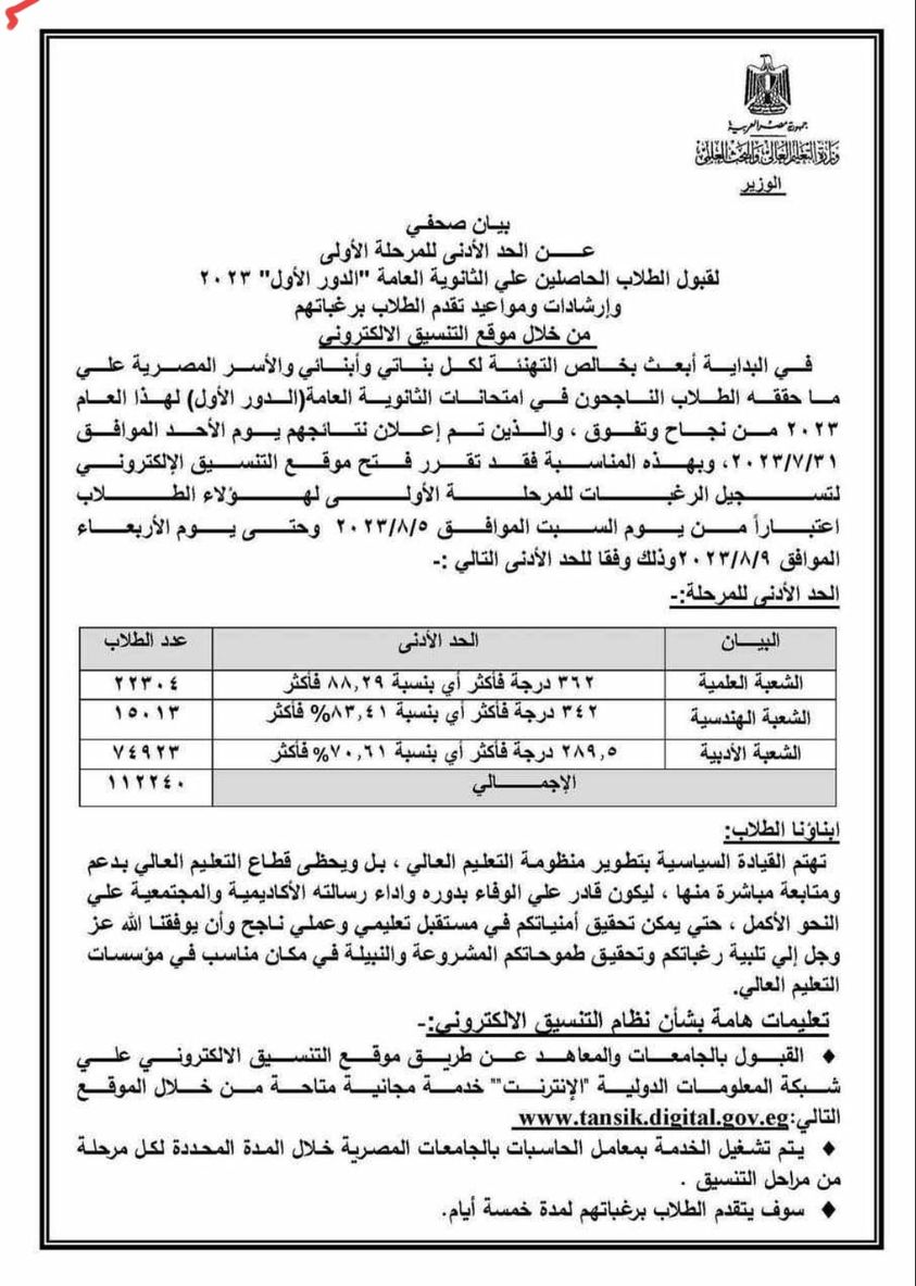 تنسيق كلية الطب 2024 الحد الأدنى جميع محافظات مصر 2023