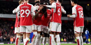 LONDON, ENGLAND - APRIL 23: Ben White of Arsenal celebrates scoring his team's fifth goal with teammates during the Premier League match between Arsenal FC and Chelsea FC at Emirates Stadium on April 23, 2024 in London, England. (Photo by Stuart MacFarlane/Arsenal FC via Getty Images)